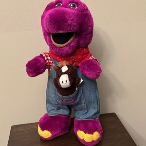 Vintage Barney The Dinosaur in Farmer Overalls 12” Plush Stuffed Toy EUC!